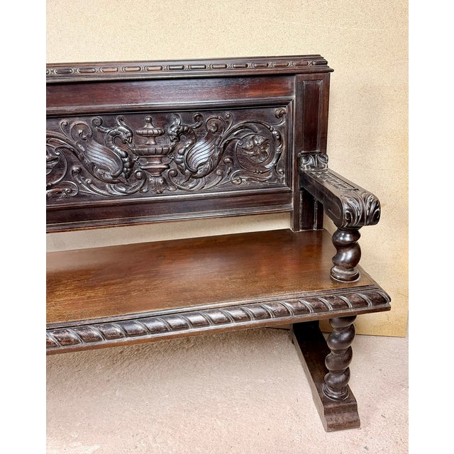 20th Century Spanish Carved Wood Bench with Barley Twist Legs, 1920 For Sale - Image 14 of 17