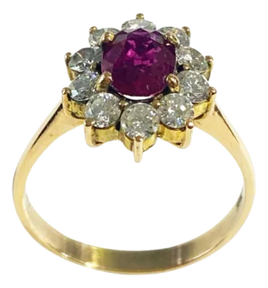 Mid Century 18k Yellow Gold Ruby & Diamond Ring Size 8.