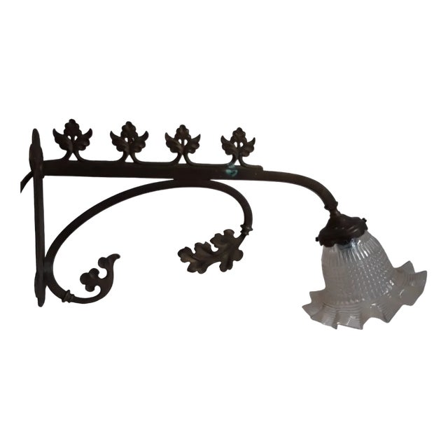 Neo-Gothic German Wall Lamp with Brass Frame & Original Glass Shade, 1890s For Sale