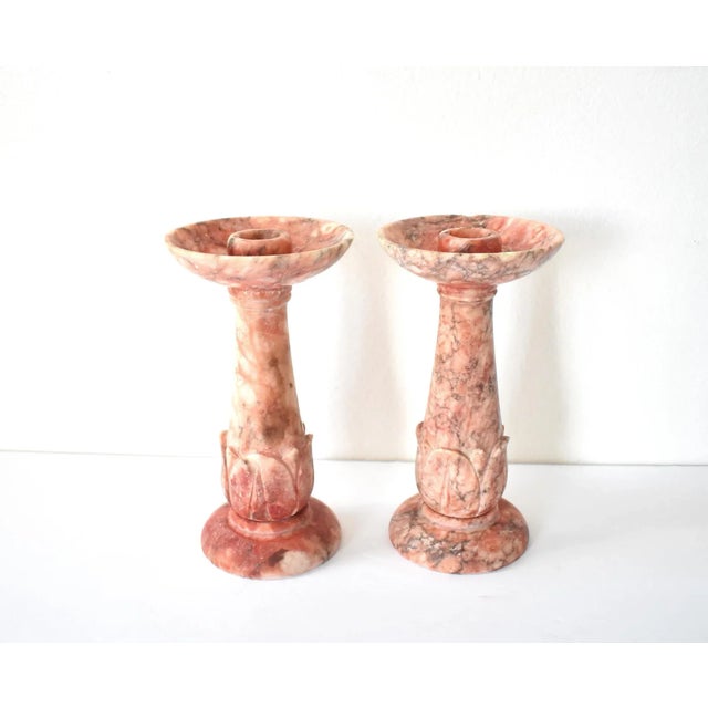 Pair of Vintage Italian Carved Griotte Marble Candlesticks For Sale - Image 4 of 13