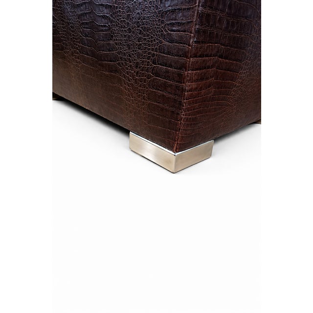 Metal Pair of Sculptural Crocodile-Embossed Leather Club Chairs W/ Metal Plinth Bases For Sale - Image 7 of 8