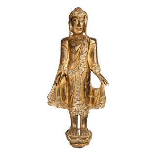 Gilded Hand Carved Standing Buddha Statue Tibetan Buddhist Art For Sale