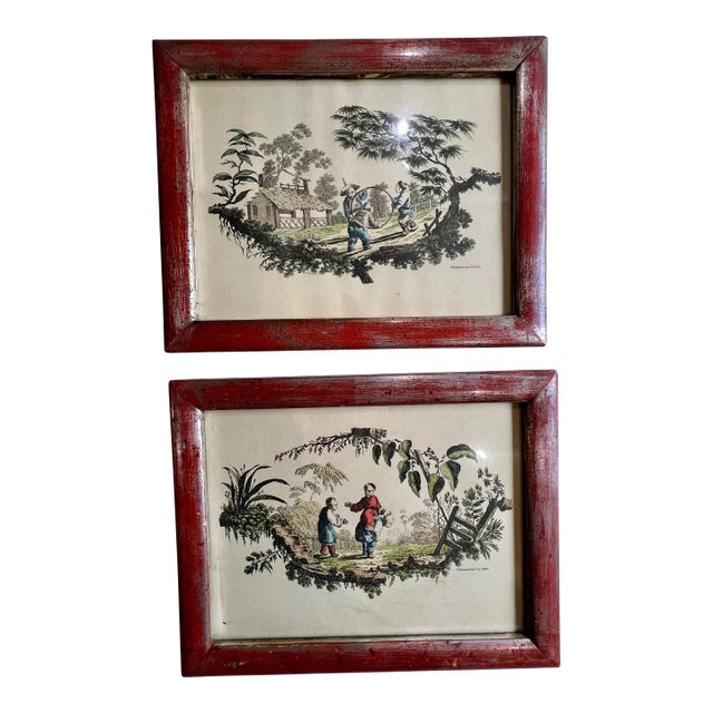 Vintage Borghese Hand Colored Chinoiserie Asian Borghese Framed Prints a Pair For Sale