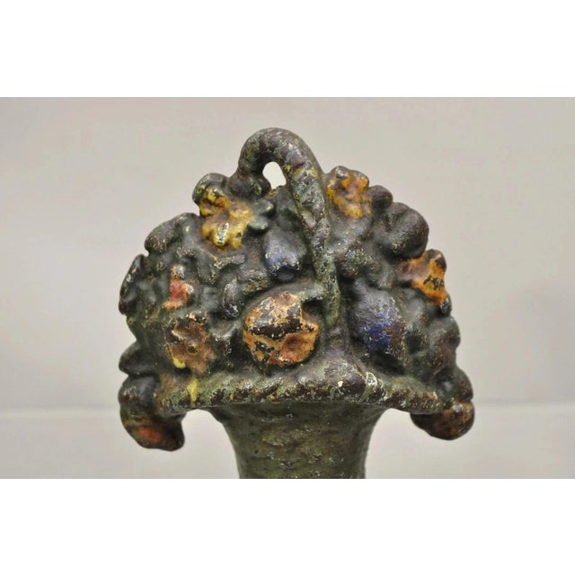 Victorian Antique Victorian Cast Iron Small Painted Orange Floral Bouquet Basket Door Stop For Sale - Image 3 of 8