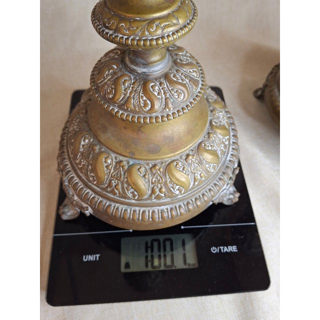 Antique Warsaw Brass Shabbat Candlesticks, 14" Polish Sabbath 19th Century Pair For Sale - Image 16 of 16