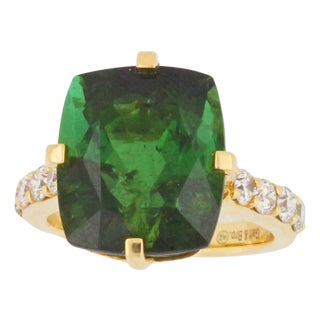 Cushion Large Green Tourmaline Diamond Cocktail Compass Statement 18 Karat Yellow, Size 7 For Sale