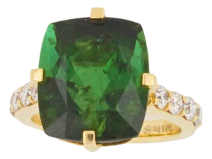 Cushion Large Green Tourmaline Diamond Cocktail Compass Statement 18 Karat Yellow, Size 7
