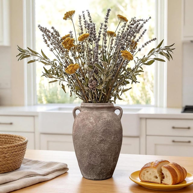 2020s Rustic Brown Textured Ceramic Flower Vase With Vintage-Style Double Handles For Sale - Image 5 of 7