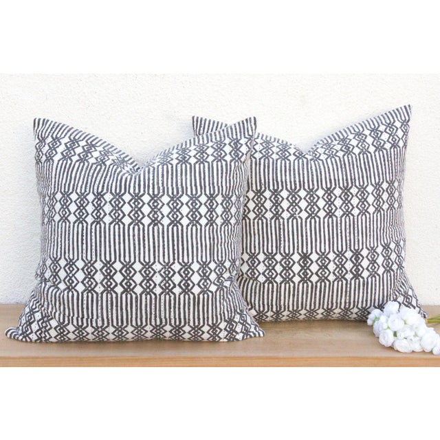 Textile Pair of Large Black & White Blockprint Kantha Pillow For Sale - Image 7 of 7