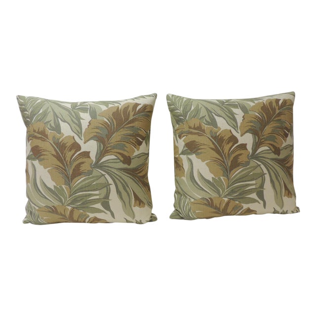 Pair Of Green And Brown Banana Leaf Barkcloth Decorative Pillows