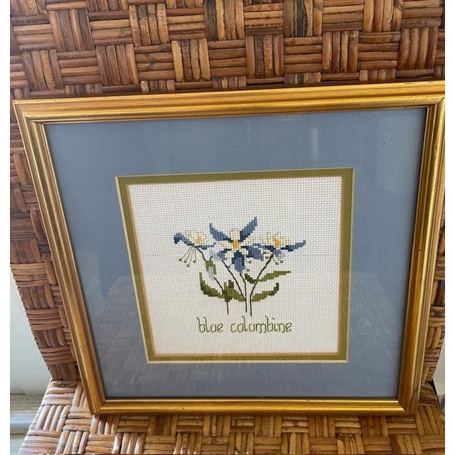 Lovely vintage petite needlepoint of “blue columbine”. In excellent condition consistent with age and use. Custom wood...