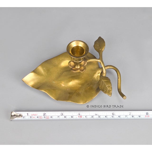 Metal Vintage Solid Brass Leaf Candlestick Holder For Sale - Image 7 of 8