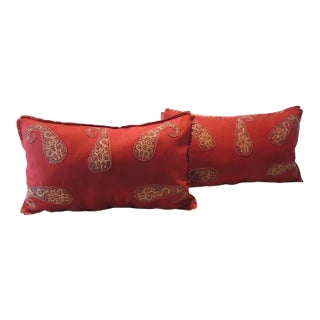 Vintage Red Felt Paisley Applique Lumbar Decorative Pillows - Set of 2 For Sale