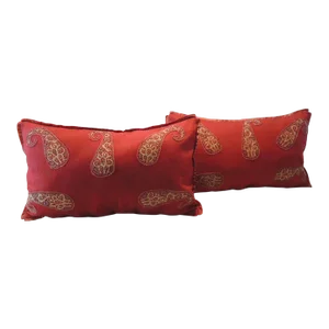 Vintage Red Felt Paisley Applique Lumbar Decorative Pillows - Set of 2