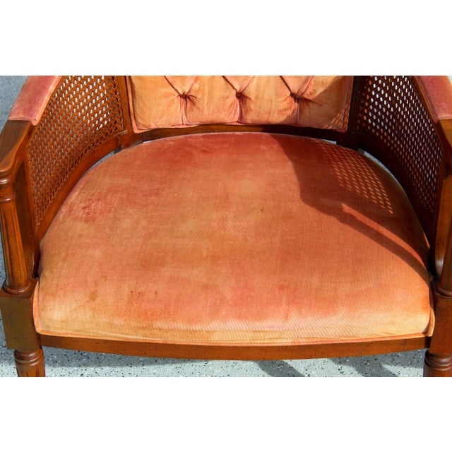 Vintage Tufted Velvet Upholstered Pair of Mid-Century Modern Armchairs With Cane Sides For Sale - Image 18 of 18