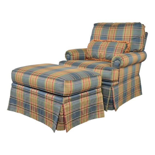 Harden Furniture English Country Plaid Upholstered Lounge Chair With Ottoman For Sale