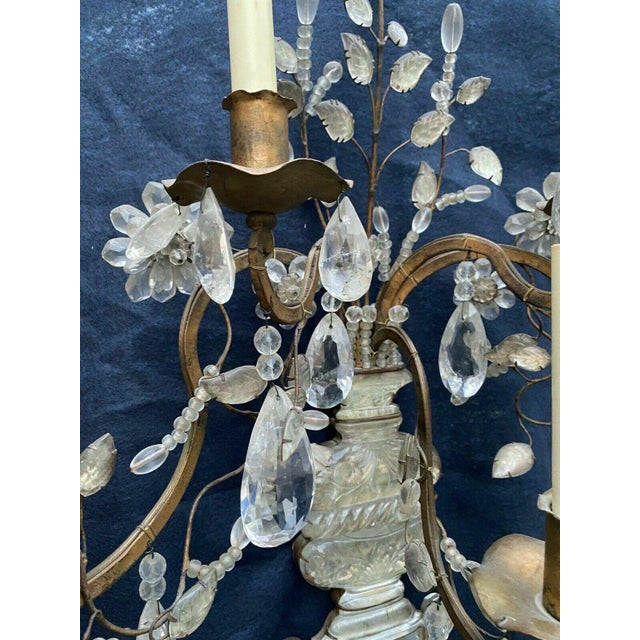 Metal 1930's Monumental Regency Maison Bagues Rock Crystal 5 Light Floral Wall Sconces a - Pair For Sale - Image 7 of 12