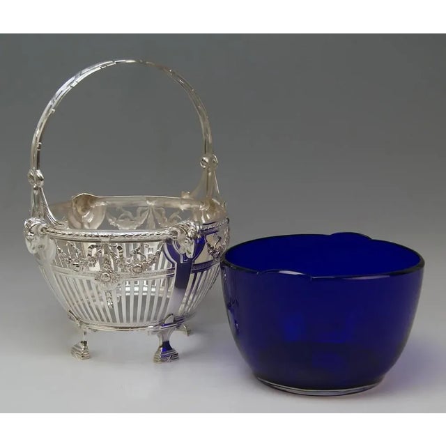Art Nouveau Silver Basket with Blue Glass Liner, Bremen, Germany, 1890s For Sale - Image 6 of 9