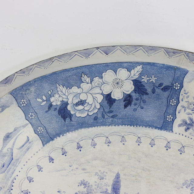 Vintage Blue and White Tole Tray - Hand Painted Chinoiserie Landscape and Floral Oval Serving Tray For Sale - Image 9 of 16