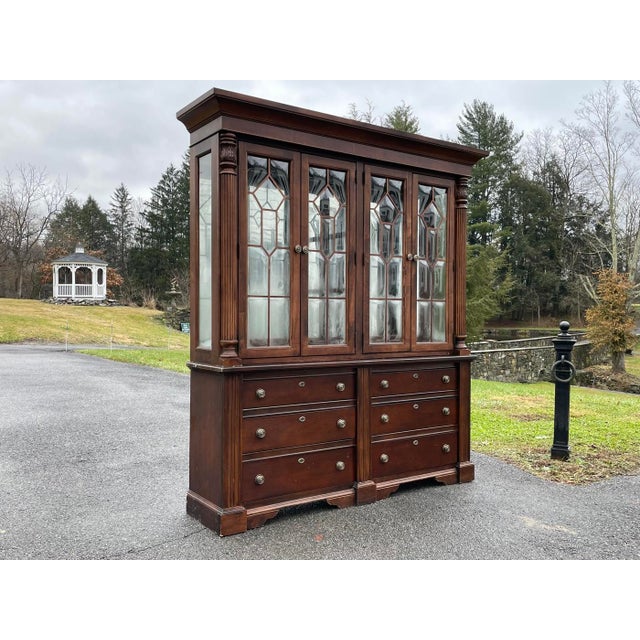 Late 20th Century Vintage Bubble Glass Georgian Style Mahogany Breakfront For Sale - Image 5 of 9