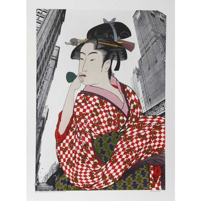 Michael Knigin, Woman Playing a Poppin (After Utamaro), Serigraph For Sale