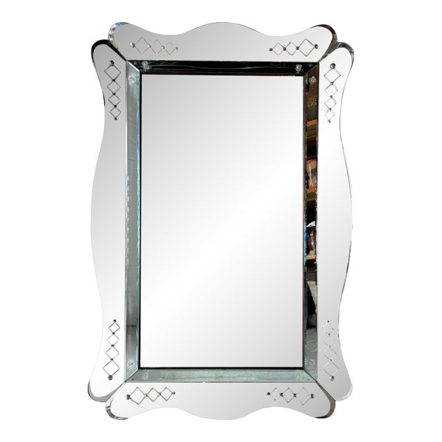 Large- 1960s Italian Hollywood Regency Scalloped Etched Beveled Wall Mirror For Sale
