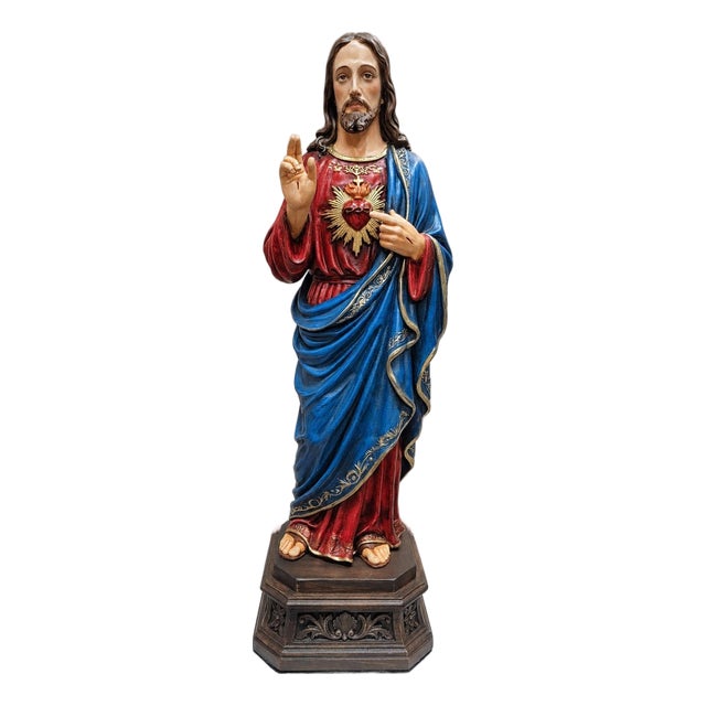 Sacred Heart of Jesus — Hand-Painted Polychrome Sculpture For Sale