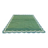 Handmade Cotton Scalloped Rug in Forest Green With Cream and Teal Blue Border - 9'x12' For Sale