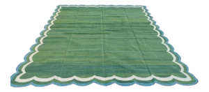 Handmade Cotton Scalloped Rug in Forest Green With Cream and Teal Blue Border - 9'x12'