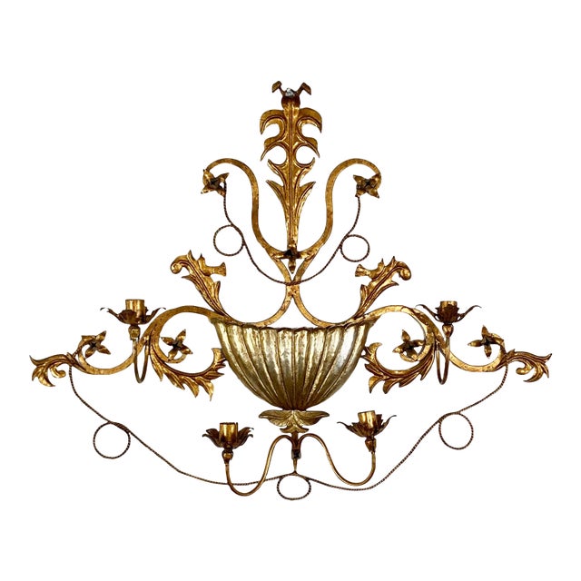 Vintage Italian Gilt Tole Metal Four Candle Wall Sconce W Wall Pocket For Sale