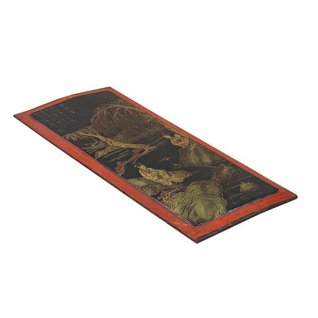 Vintage Restored Golden Oriental Scenery Graphic Wood Panel Art For Sale - Image 9 of 9