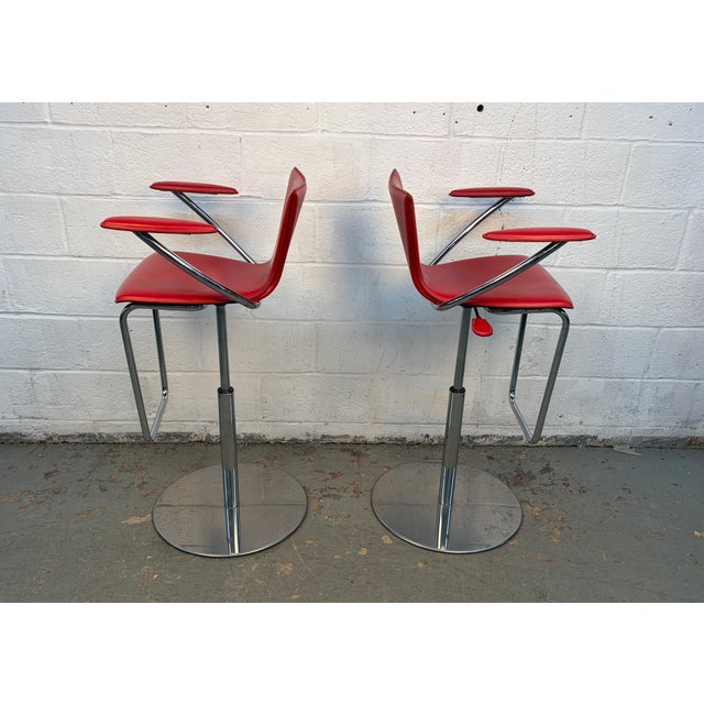 Animal Skin Pair of Contemporary Italian Chrome and Red Leather Barstools by Serico For Sale - Image 7 of 12