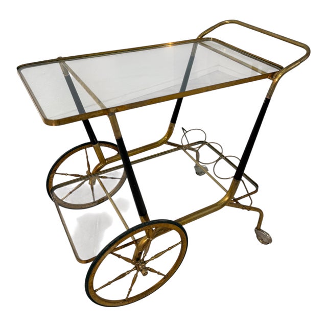 Italian Brass and Glass Bar Cart With Bottle Holder, 1950s For Sale