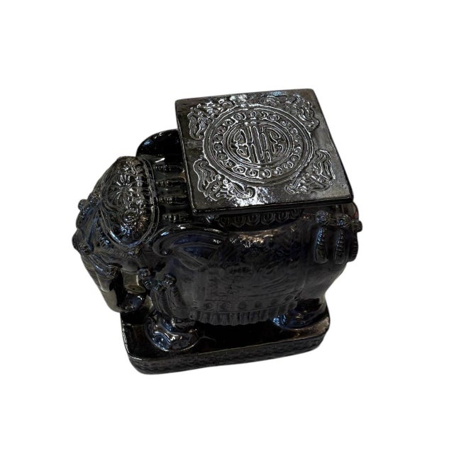 Vintage Black Glazed Ceramic Elephant Garden Stool For Sale - Image 4 of 8