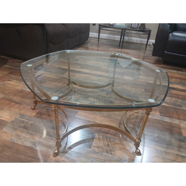 1970s Vintage Horsehoof Hexagonal Brass Glass Coffee Table, in Manner of LaBarge For Sale - Image 5 of 8