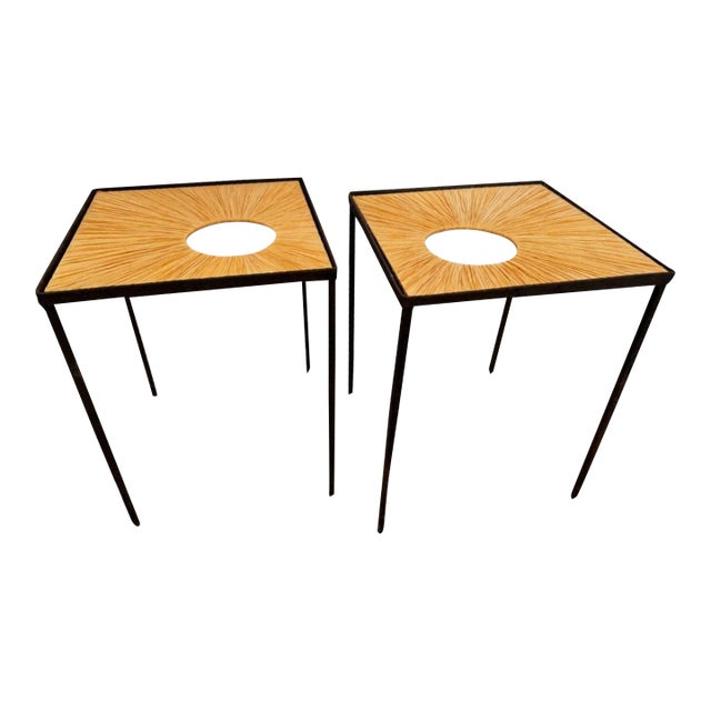 Pair of Metal and Raffia Side Tables For Sale