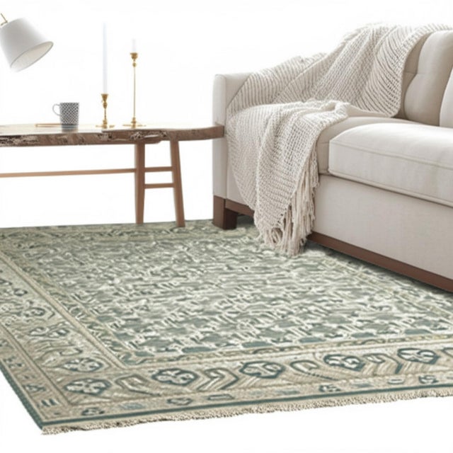 Contemporary 6x9 Luxurious Oriental Green Traditional Geometric Hand Knotted Wool Carpet Rug For Sale - Image 3 of 7