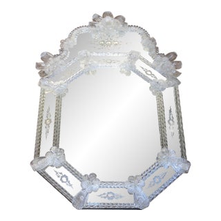 Mid-Century Venetian Murano Glass Mirror With Etched Floral Details, Italy, 1980s For Sale