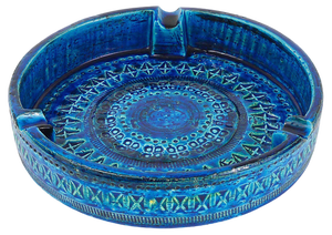 Large Mid-Century Round Rimini Blue Glazed Ashtray attributed to Aldo Londi for Bitossi, 1950s