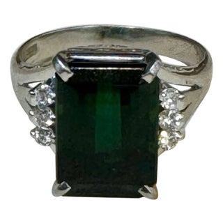 5.2 Carat Green Tourmaline & .15 Carat Diamond Cocktail Ring 14 Karat White Gold For Sale