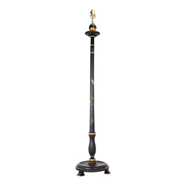 Black Vintage Black Pillar Wood Hand-Painted Color Chinoiseries Pattern Floor Lamp For Sale - Image 8 of 8