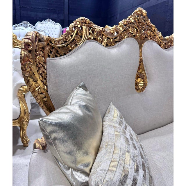 1990s 1990s Baroque Style Tan Sofa – French Design With Gold Leaf Details For Sale - Image 5 of 10