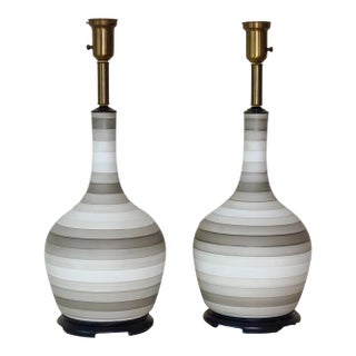 Mid Century Modern Charleton Gray White Striped Table Lamps - a Pair For Sale