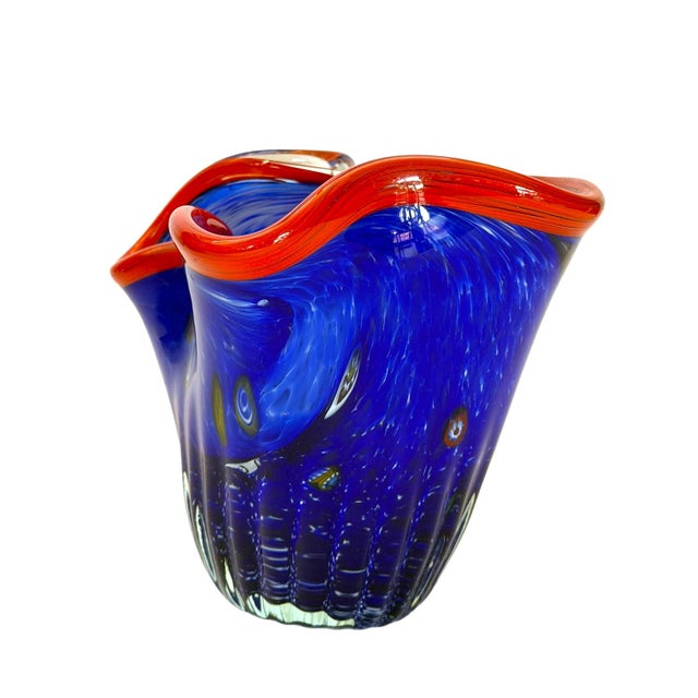 Modern Charming Hand-Blown Small Ruffled Blue Handkerchief Vase With Red Rim in the Style of Dave Chihuly For Sale - Image 3 of 14