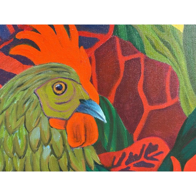 Marc Zimmerman "Lost and Found Chickens" Oil Painting, Tropical Chickens in Botanical Setting, Deep Green and Red, Contemporary Art West Coast For Sale - Image 4 of 11