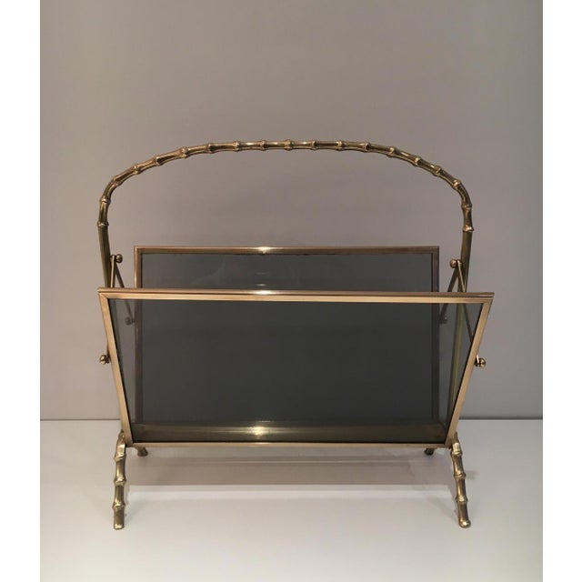 Neoclassical 1940s Brass and faux bamboo magazine rack with tinted glass panels on each side. French For Sale - Image 3 of 10