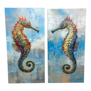 Vintage Seahorse Diptych Painting - Set of 2