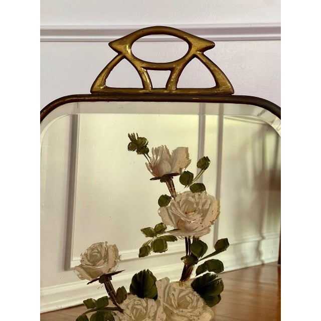 Art Deco Art Deco Brass and Beveled Mirror Fire Screen With Painted Flowers, 1920s For Sale - Image 3 of 11