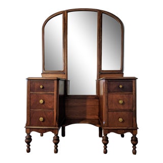 Vintage Vanity With Tri-Fold Mirror For Sale