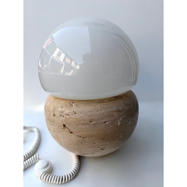 Pair of Travertine and Opaline Glass Culbuto Lamps Italy, 1980s For Sale - Image 13 of 14